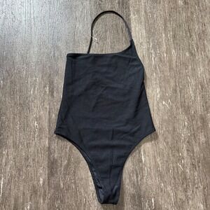Frankies Bikinis One Piece Swimsuit Women Small Black Ribbed High Neck Open Back